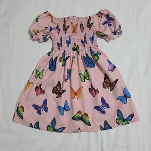 Pink Butterfly Print Girl's Off Shoulder Summer Dress